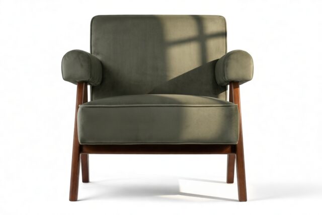 The Jeanneret Lounge Chair – Olive Green Velvet